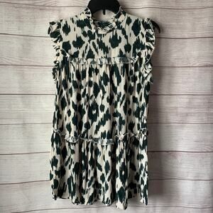 Pinch Olive Green and Off-white Splotchy Abstract Blouse Tunic Ruffles Small